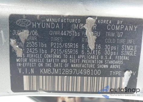 2007 Hyundai Tucson Gls из США, поврежденный, VIN KM8JM12B97U498100